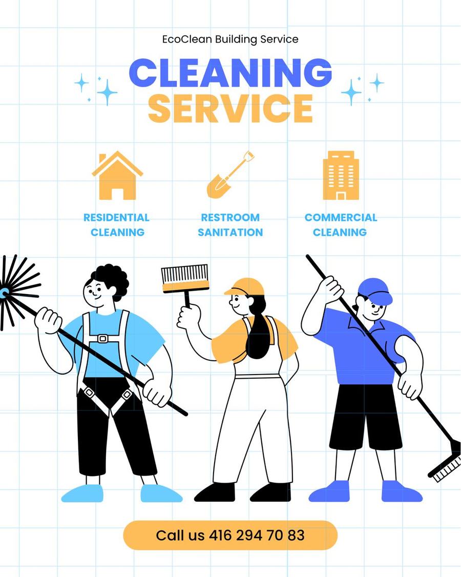 EcoClean Instagram illustration advertising residential cleaning, restroom sanitation and commercial cleaning.