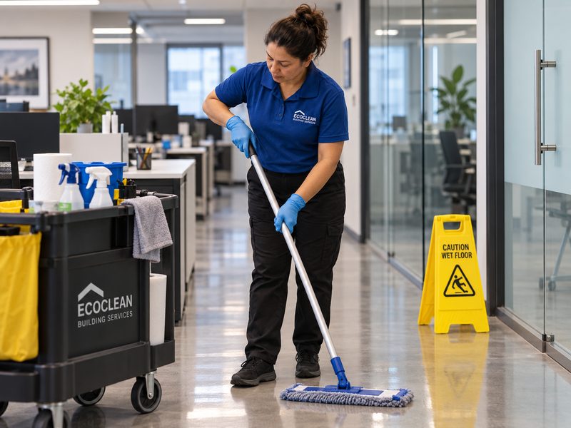 An EcoClean cleaner mopping an office corridor beside a service cart and wet floor sign.