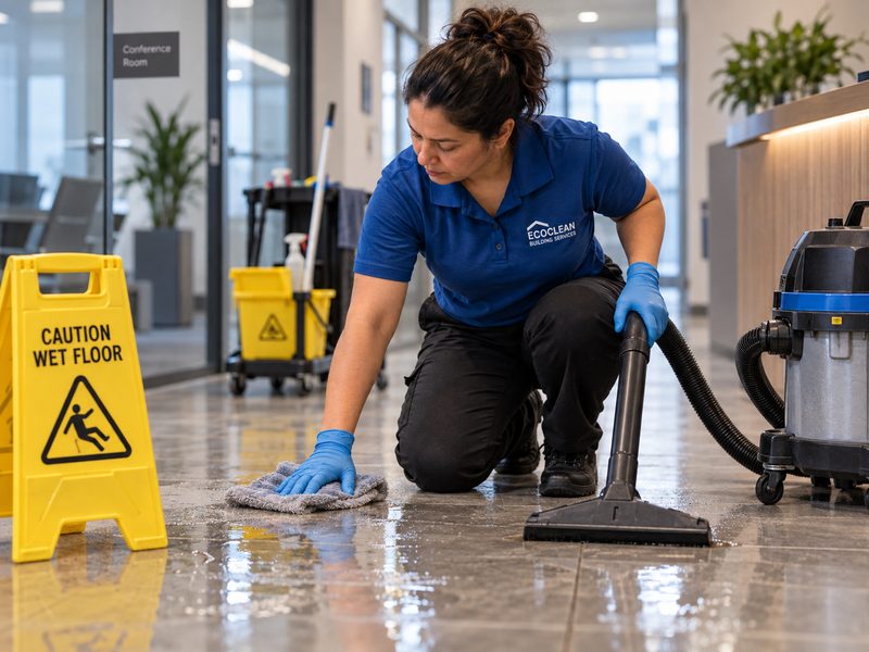 An EcoClean cleaner extracting water from a floor beside a caution wet floor sign.