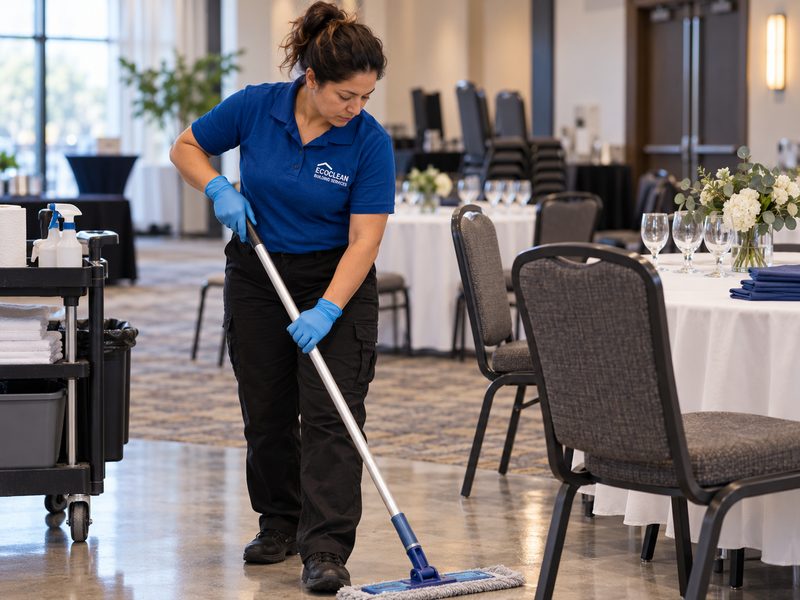 An EcoClean cleaner mopping a banquet hall floor between tables set for an event.