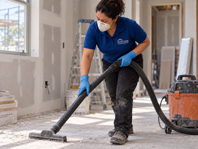 An EcoClean cleaner wearing a dust mask vacuuming debris on a construction site.
