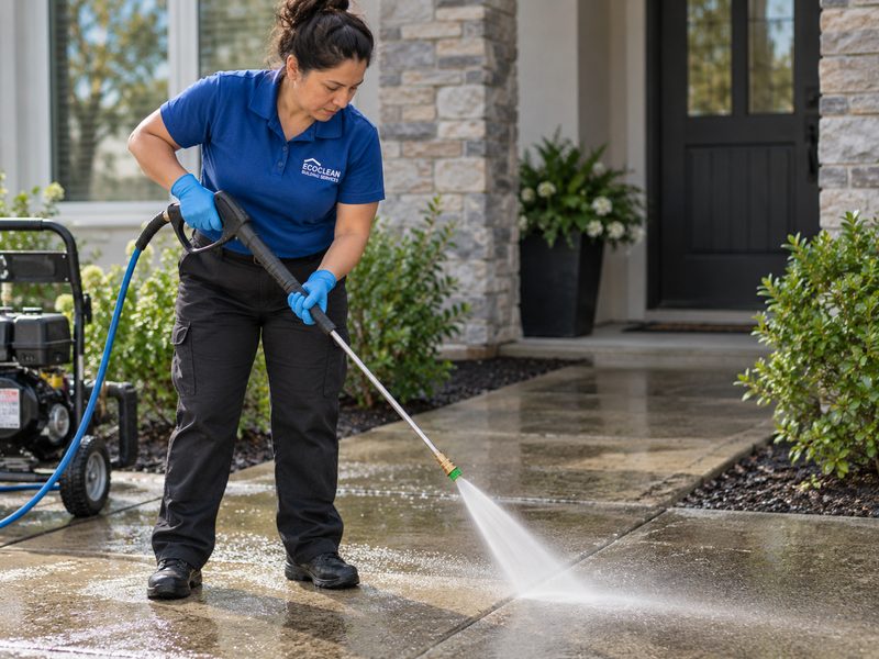 An EcoClean cleaner pressure washing a driveway at the entrance of a home.