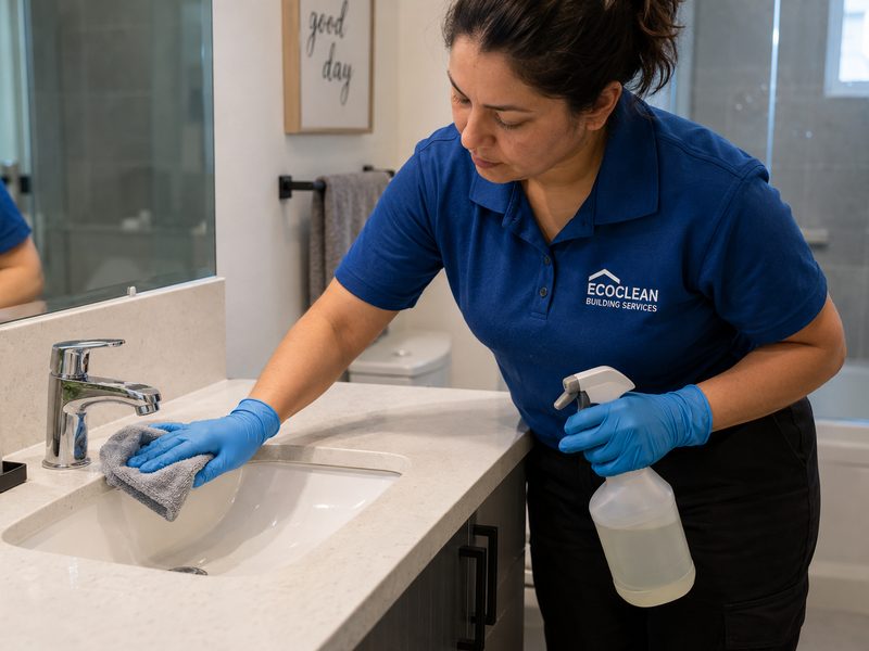 An EcoClean cleaner in branded uniform wiping down a bathroom vanity in a home.