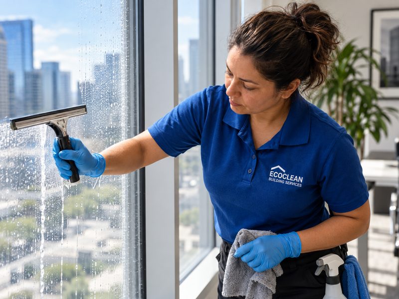 An EcoClean cleaner squeegeeing an office window with the city skyline behind.